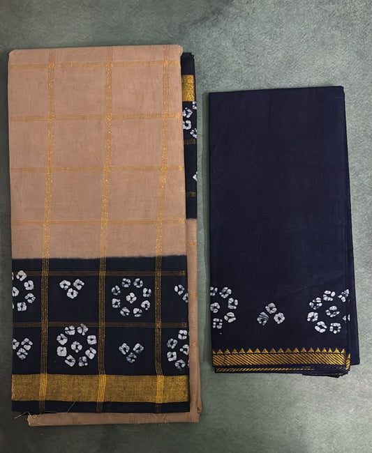 Tarangini wax batik zari kattam sungudi cotton saree beige and blue