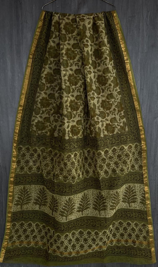 Kota doria Handblock printed sarees green flower design