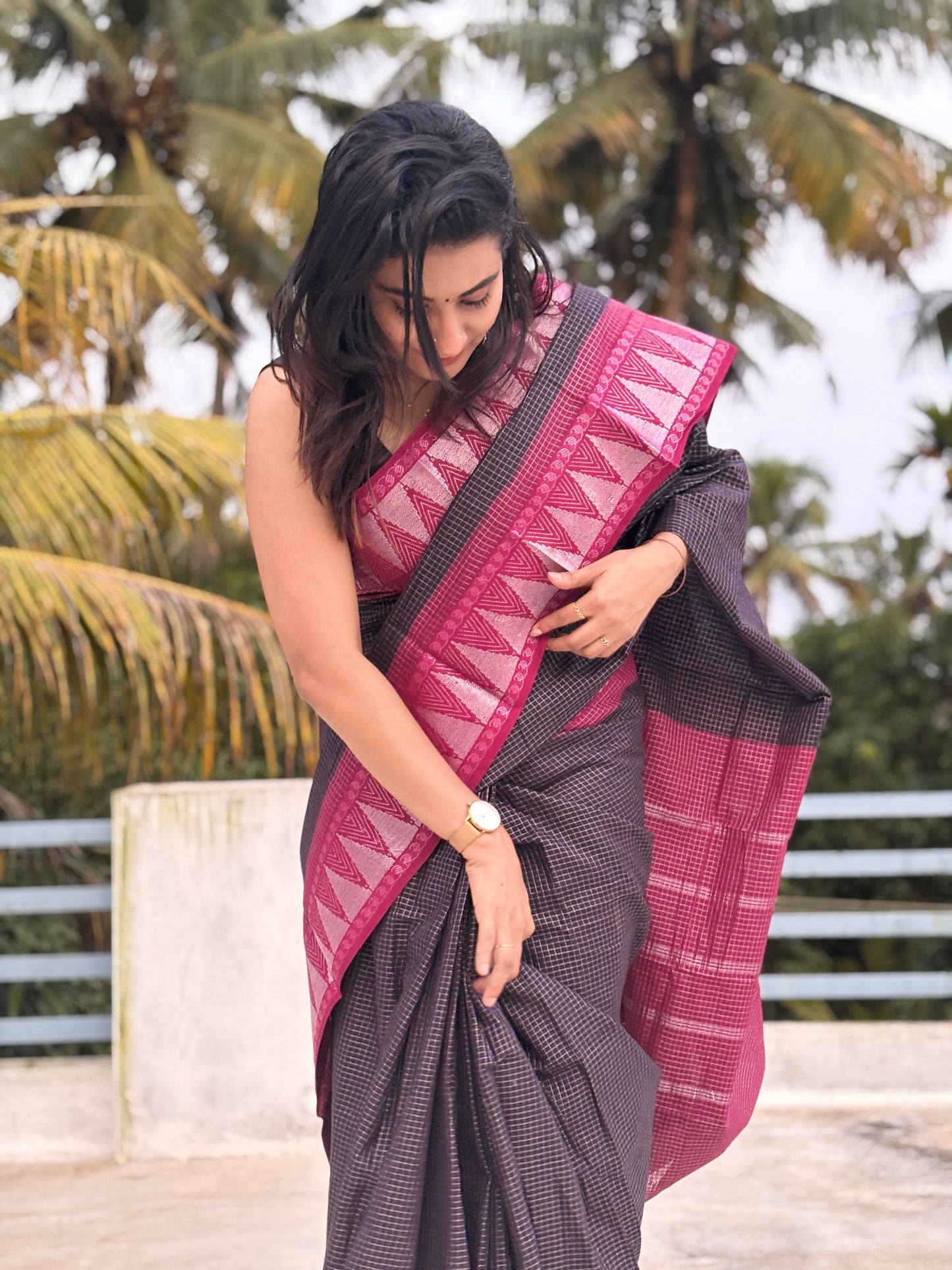 Gopuram border micro check sungudi cotton saree black and wine maroon
