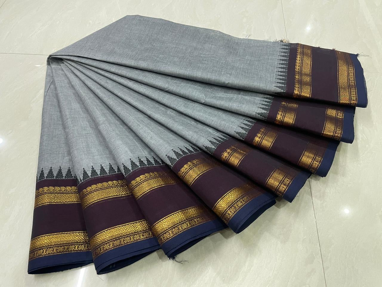 Sangita (संगीता) Vintage Chettinad Kanchi Cotton sarees with temple border in grey and brown