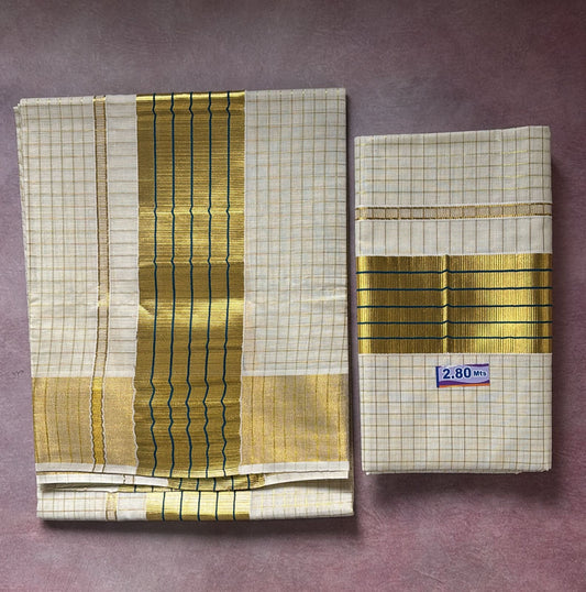 Sarvani Golden Tissue zari checks kasavu with blue kara Set Mundu
