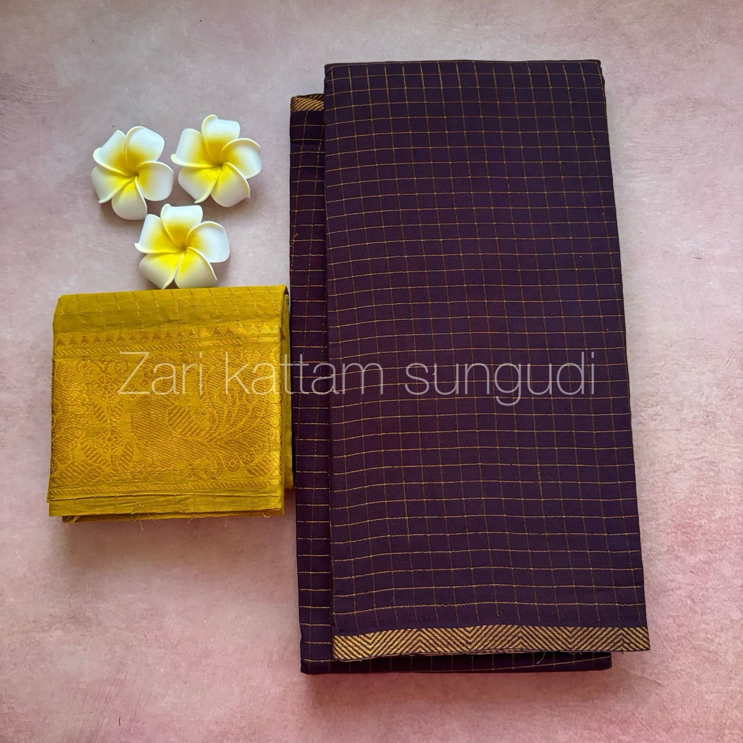 Sungudi handloom Pentex border brown saree with mustard yellow Sungudi blouse