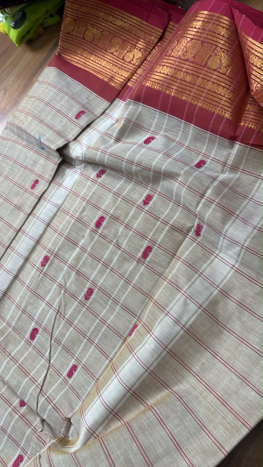 Beige check classic kanchi cotton Saree with red border SGS57
