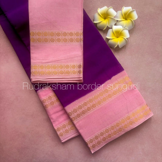 Tarangini Rudraksha border violet and contrast peach border handloom sungudi saree