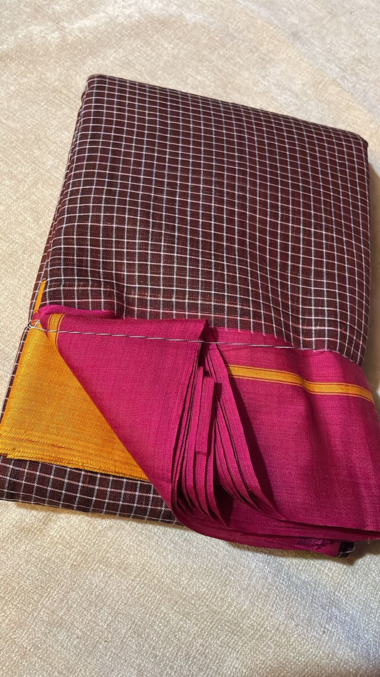 Patteda Aanchu handloom cotton saree pink and mustard yellow