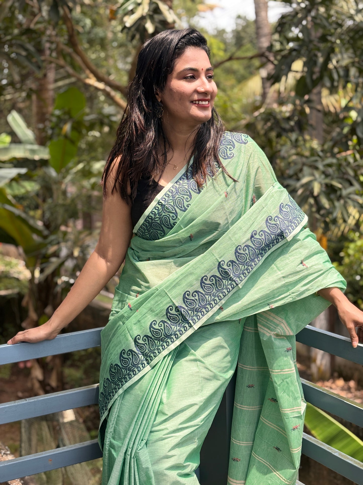 Sangita mango border pastel green Cotton Saree