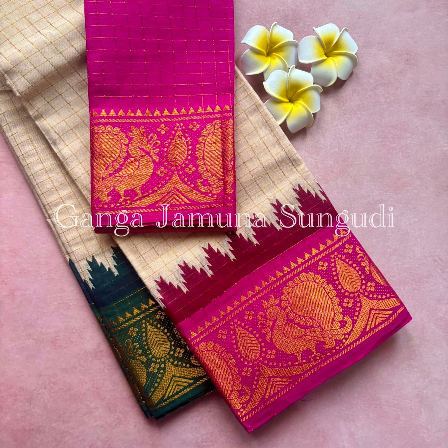 Ganga Jamuna Zari kattam Handlool Cotton Saree pink and green