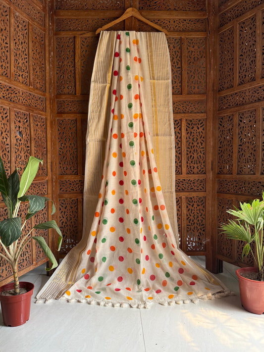 Festive multi colour polka dot handwoven Mul cotton Sarees