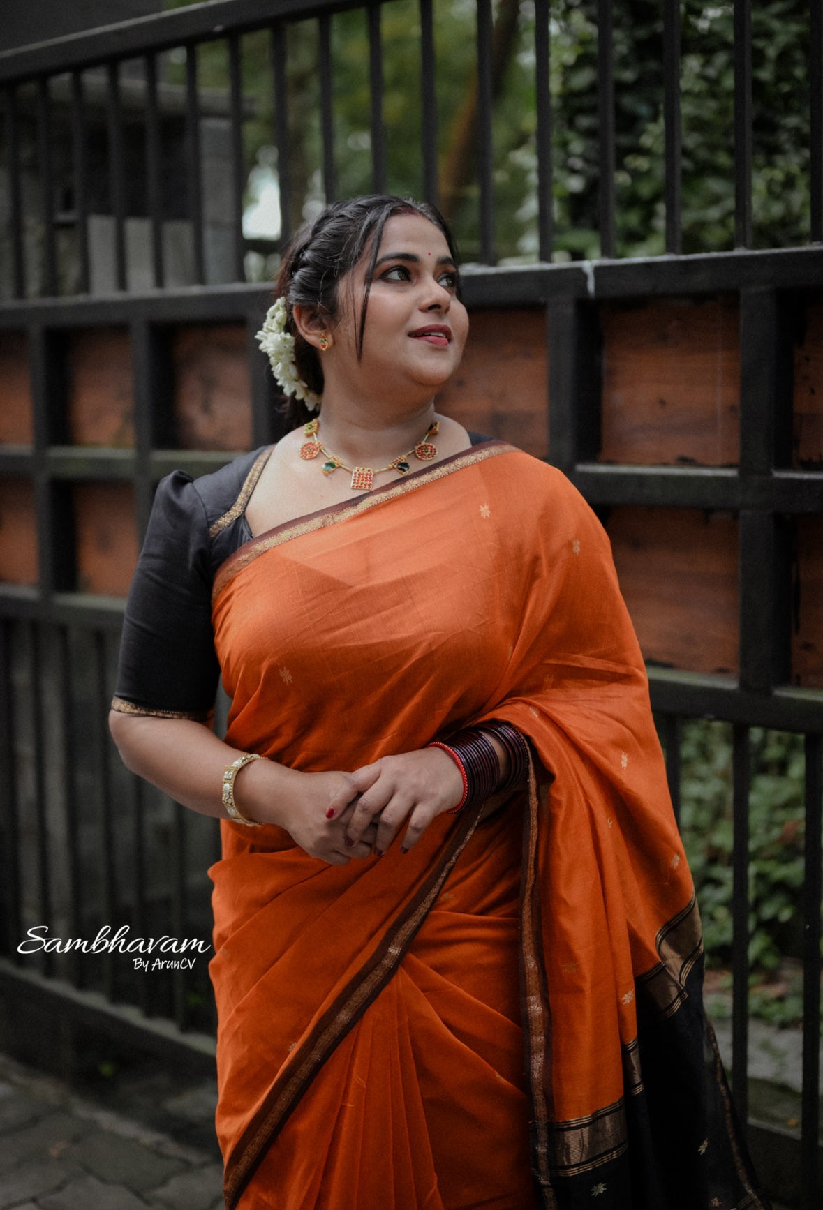 Kalyanika Maheshwari silk saree rust orange black combo Shibla Fara’s choice