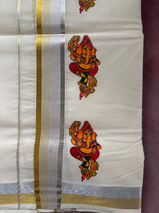 Gents Pure cotton Double Dhothy with Ganapathy Pattern
