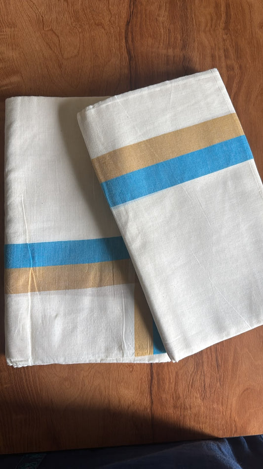 Blue and mustard dual border border mulloth Set Mundu