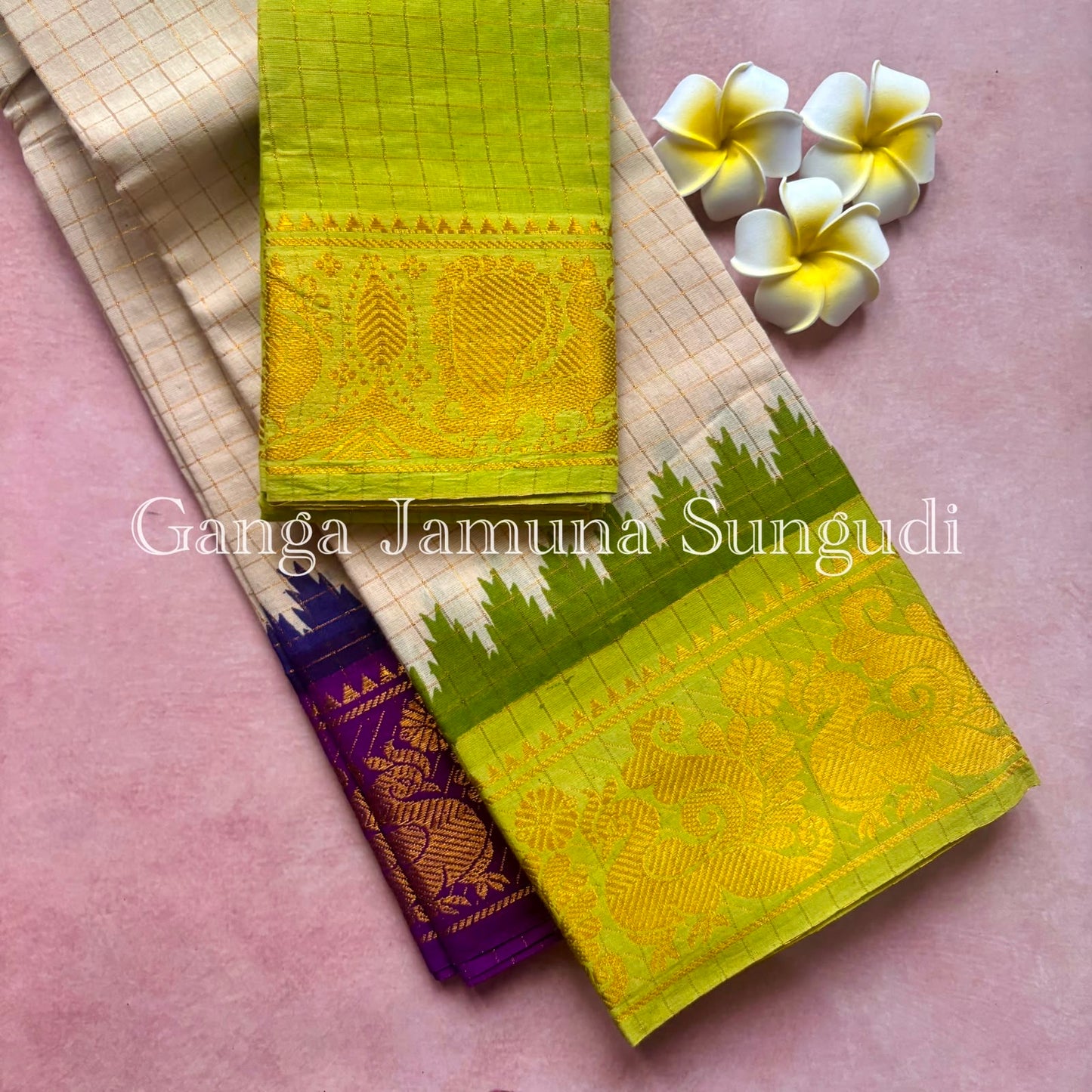 Ganga Jamuna Zari kattam Sungudi handloom cotton Saree green and violet