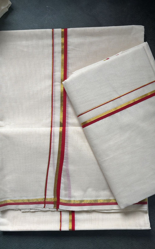 Sarvani red and golden puliyilakara set mundu