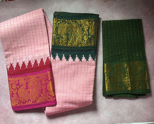 Tarangini powder pink zari kattam ganga jamuna Sungudi cotton saree with rani pink and green temple border