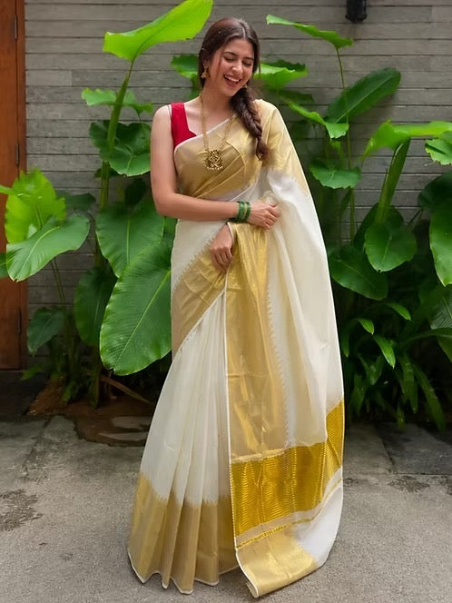 Handloom model 10 inch striped kasavu temple border Onam Saree