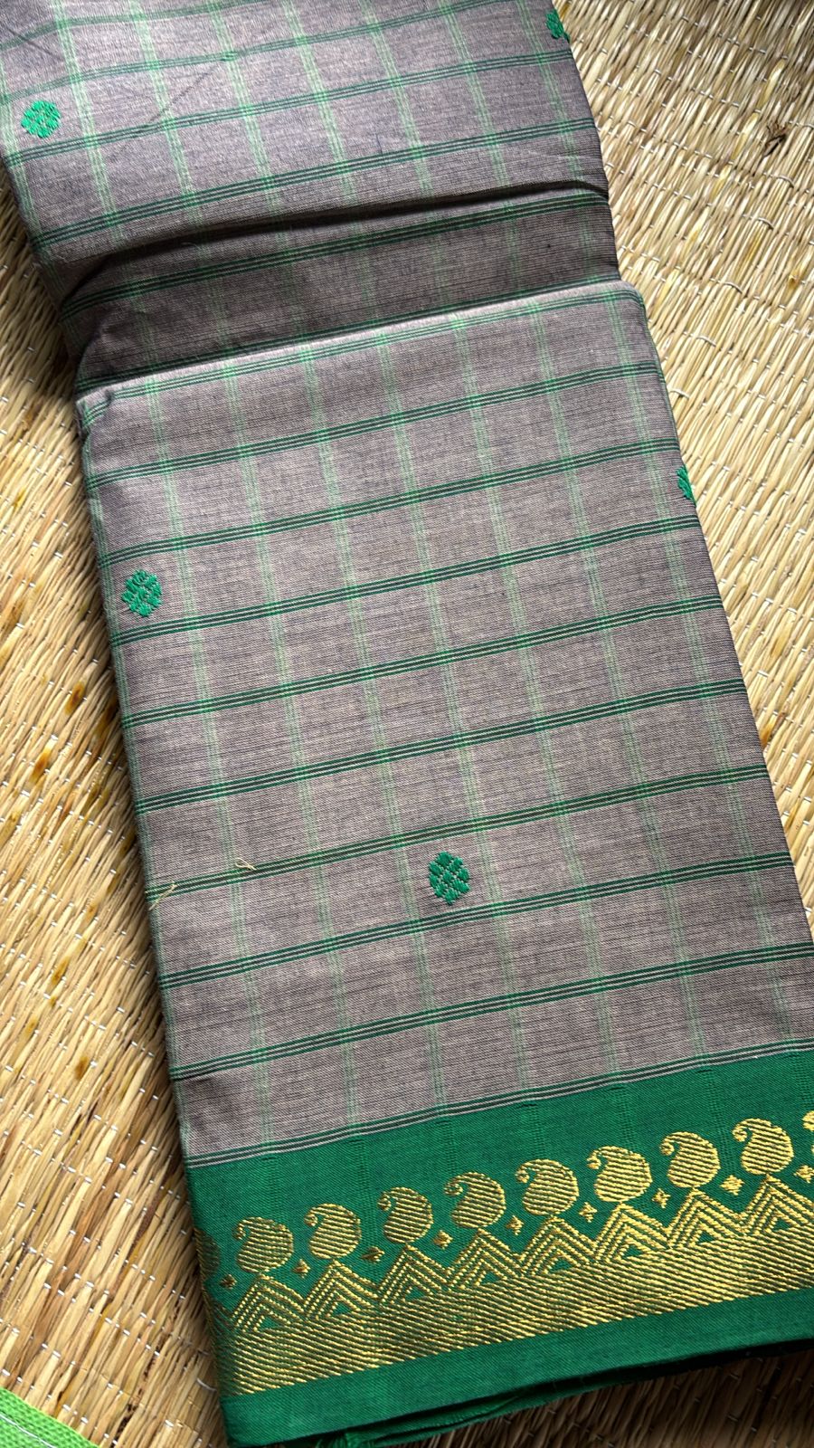 Sangita vintage grey green check cotton saree without blouse piece