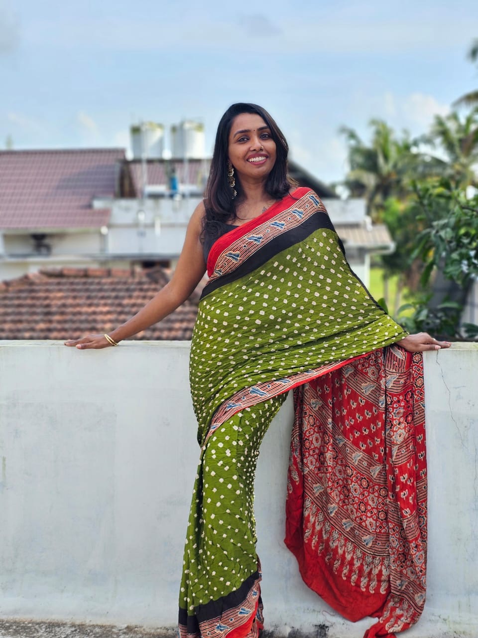 Modal silk Ajrakh block printed Hand Bhandej Sarees Green