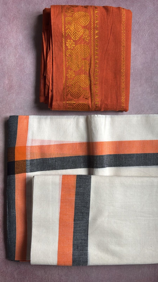 Mulloth pure cotton Set Mundu with sungudi cotton blouse piece orange