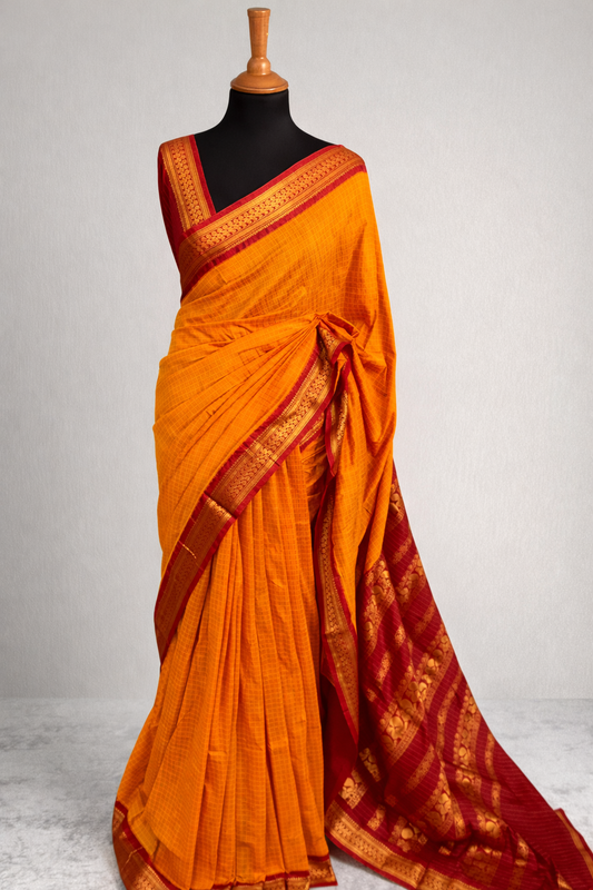 Apsara Kalyani cotton Checks saree orange and red