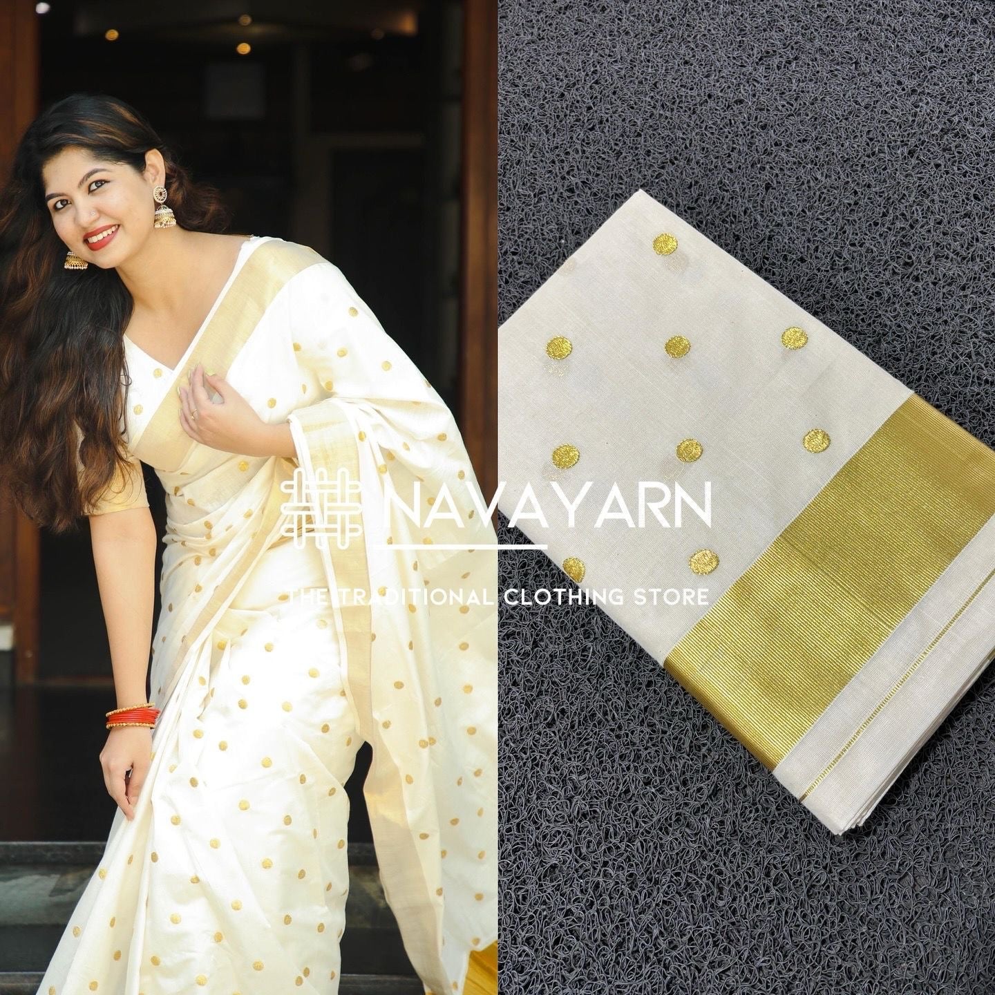Sarvani Kerala cotton polka dot embroidered Set saree SAR05