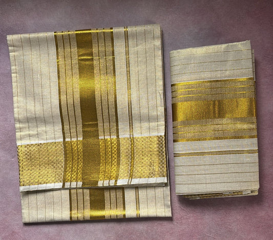 Sarvani 5 inch broad border zari striped Kasavu Set mundu