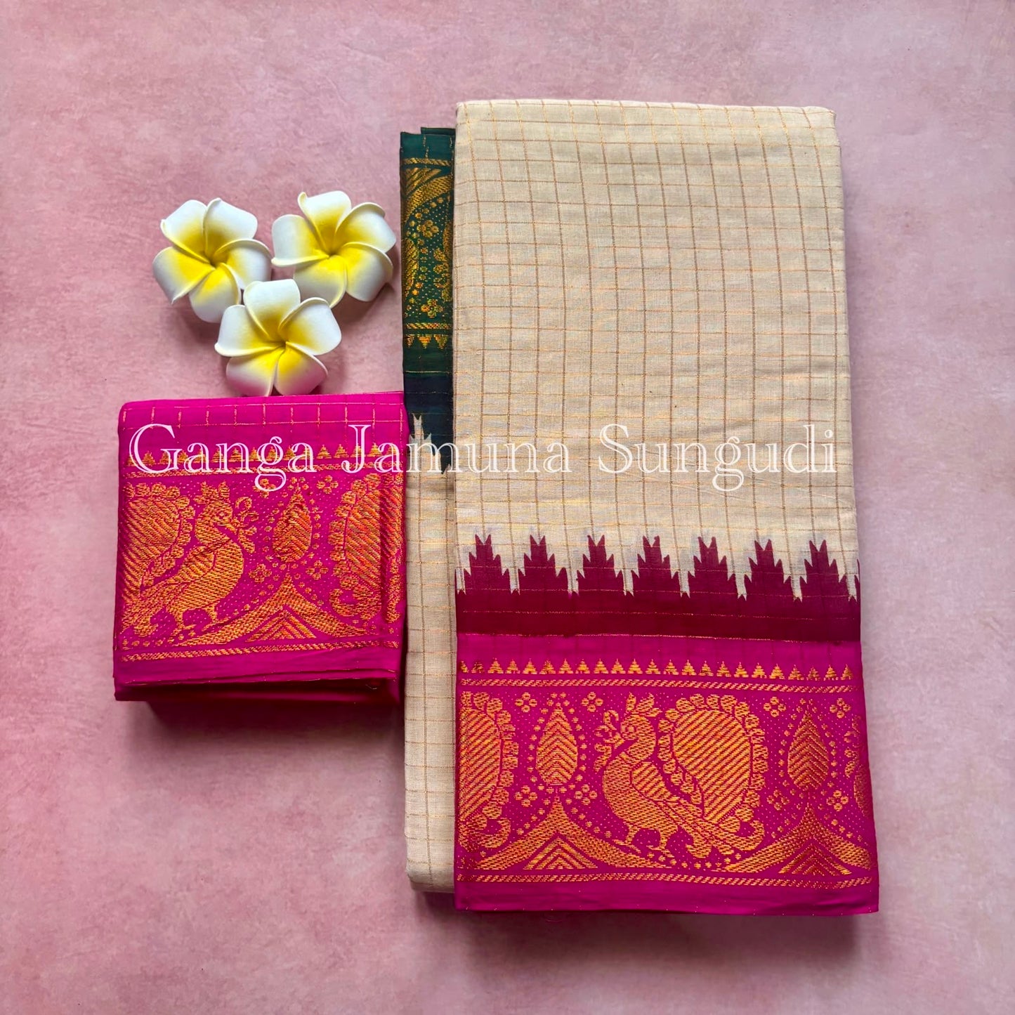 Ganga Jamuna Zari kattam Handlool Cotton Saree pink and green