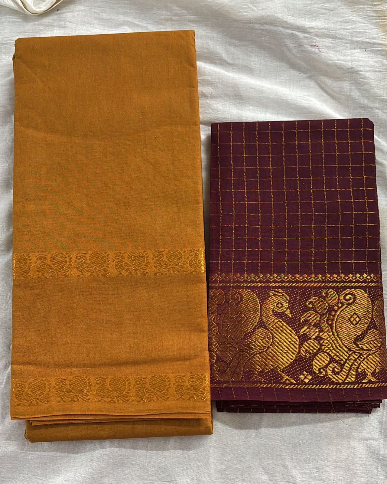 Pre order : Tarangini Handloom Sungudi Sarees Mustard yellow with contrast Maroon Blouse piece