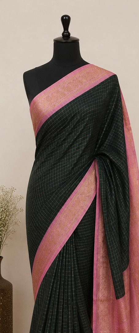Festive Green and contrast pink border Zari kattam Handloom Cotton Saree
