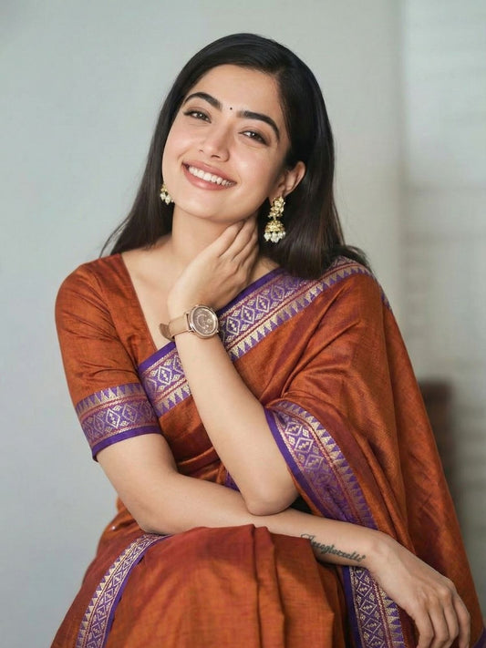 Rust orange Narayanpeth mercerised cotton contrast border Saree