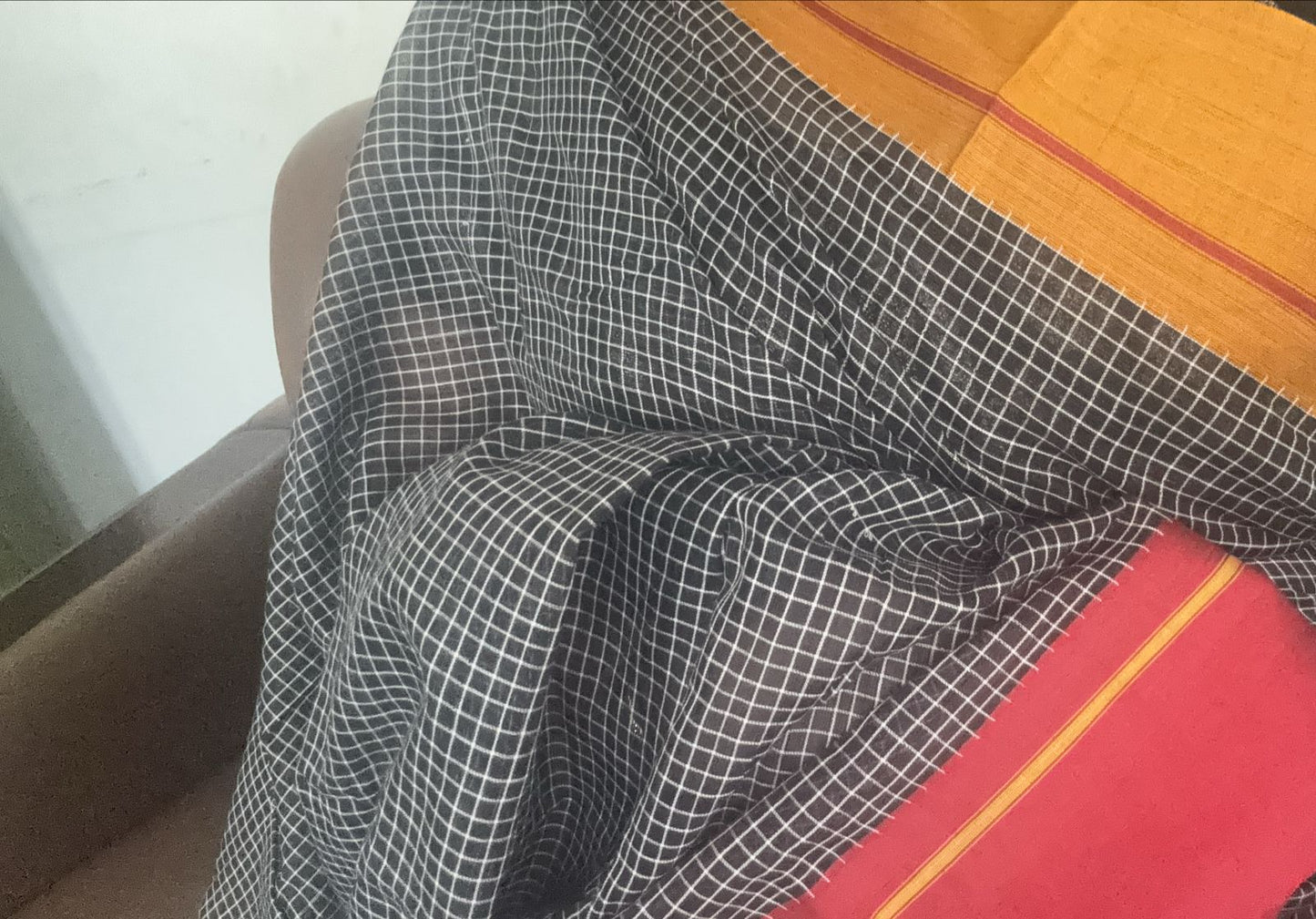 Patteda Aanchu handloom marked Sarees Black checks with orange and maroon border