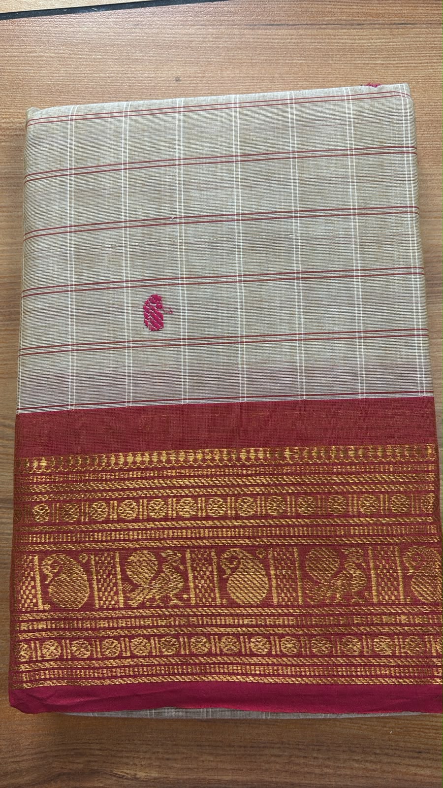 Beige check classic kanchi cotton Saree with red border SGS57