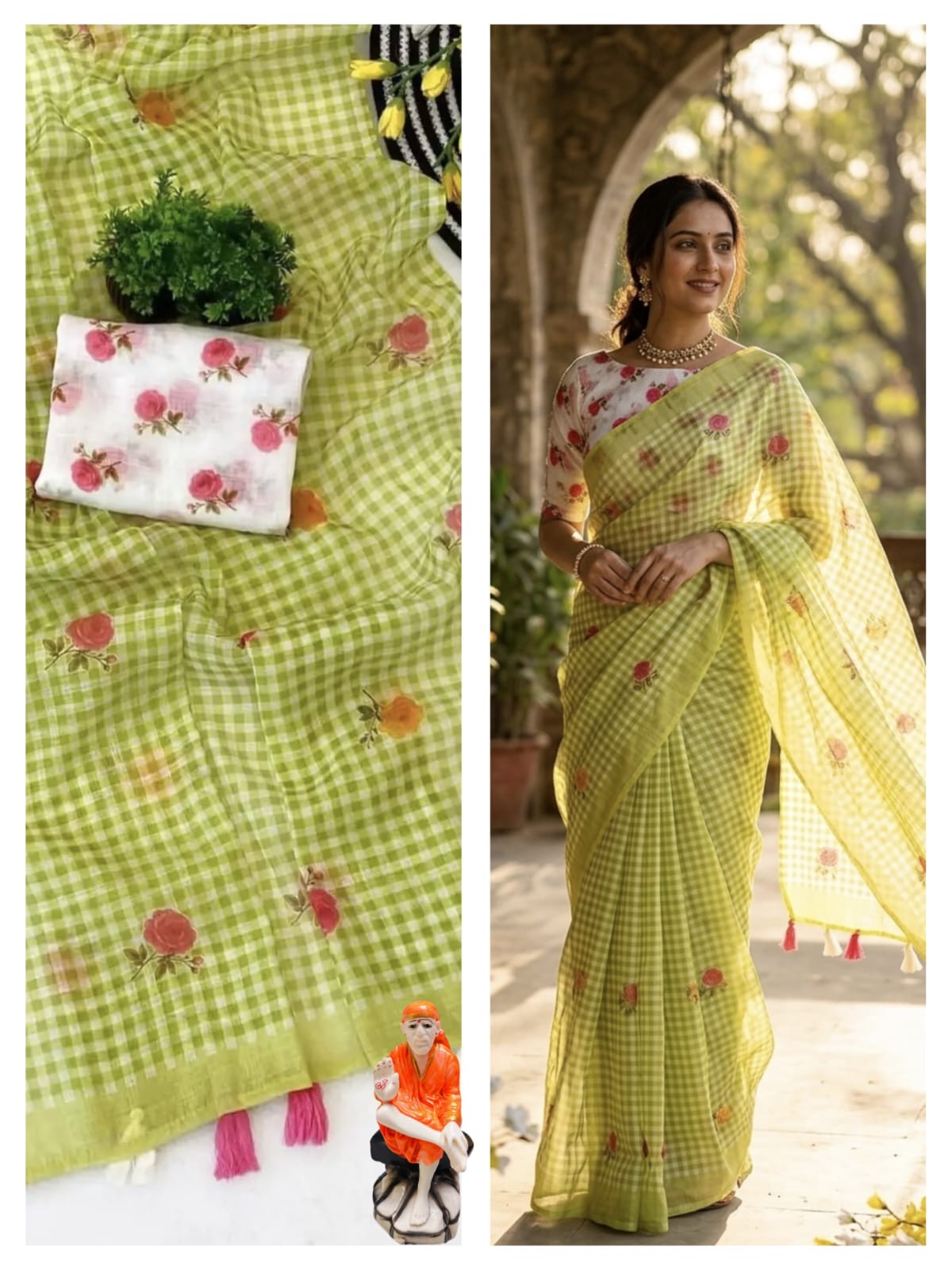 Floral Pastel green Rose Linen slub cotton Saree