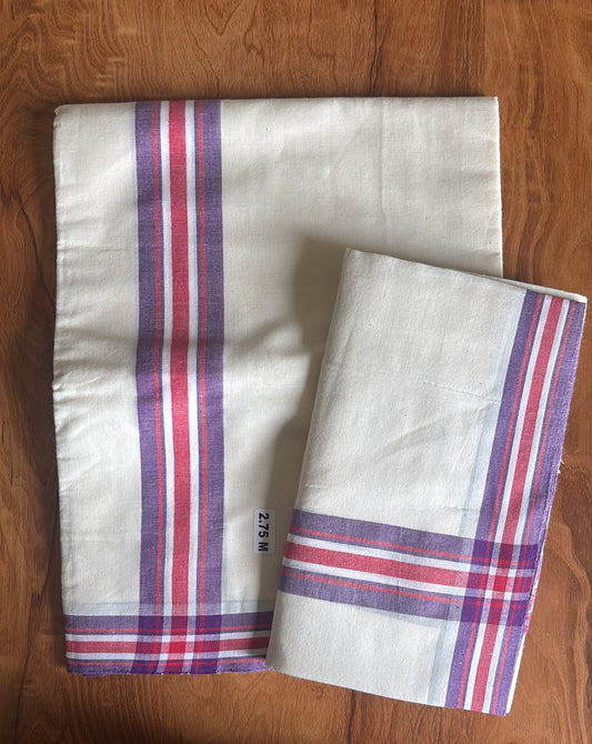 Violet red border daily wear mulloth pure cotton set Mundu
