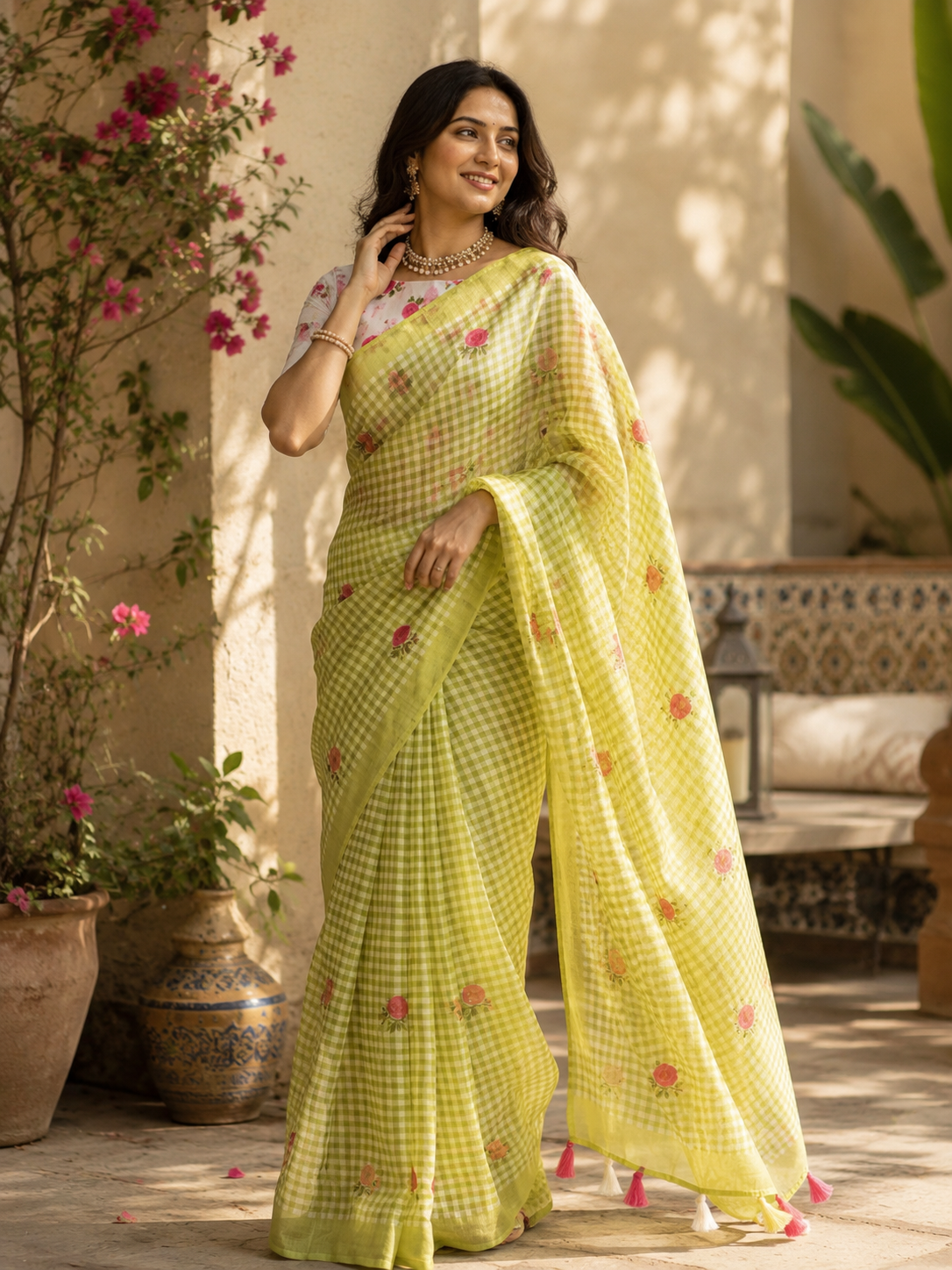 Floral Pastel green Rose Linen slub cotton Saree