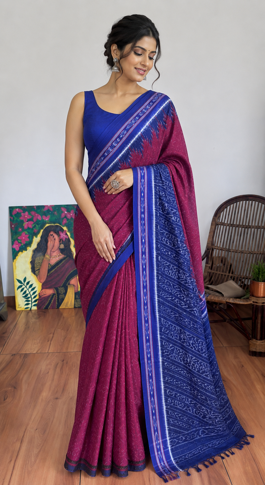 Odisha Sambalpuri handloom cotton Saree maroon and navy blue