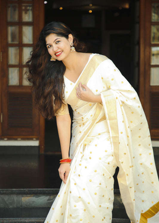 Vishu special polka dot embroidered Kerala cotton Saree e