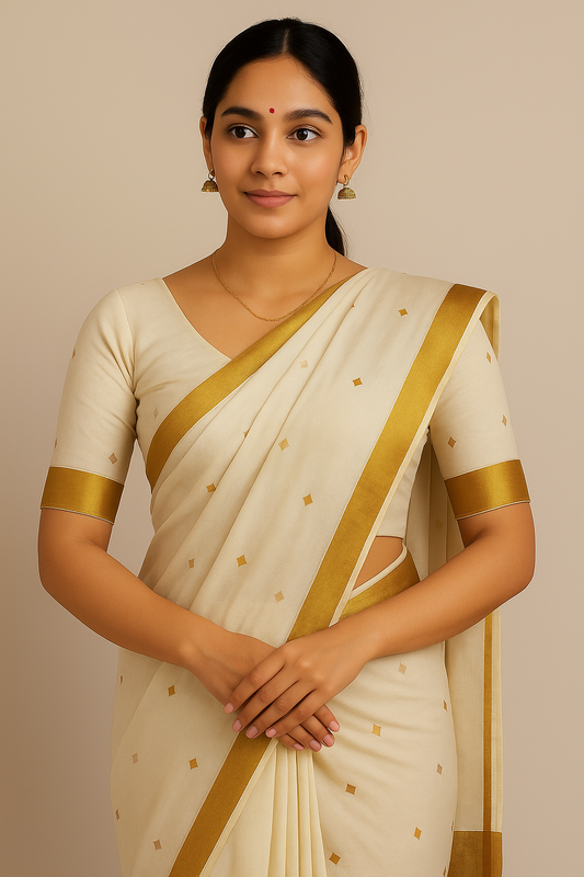 Diamond motif Kerala kasavu Saree