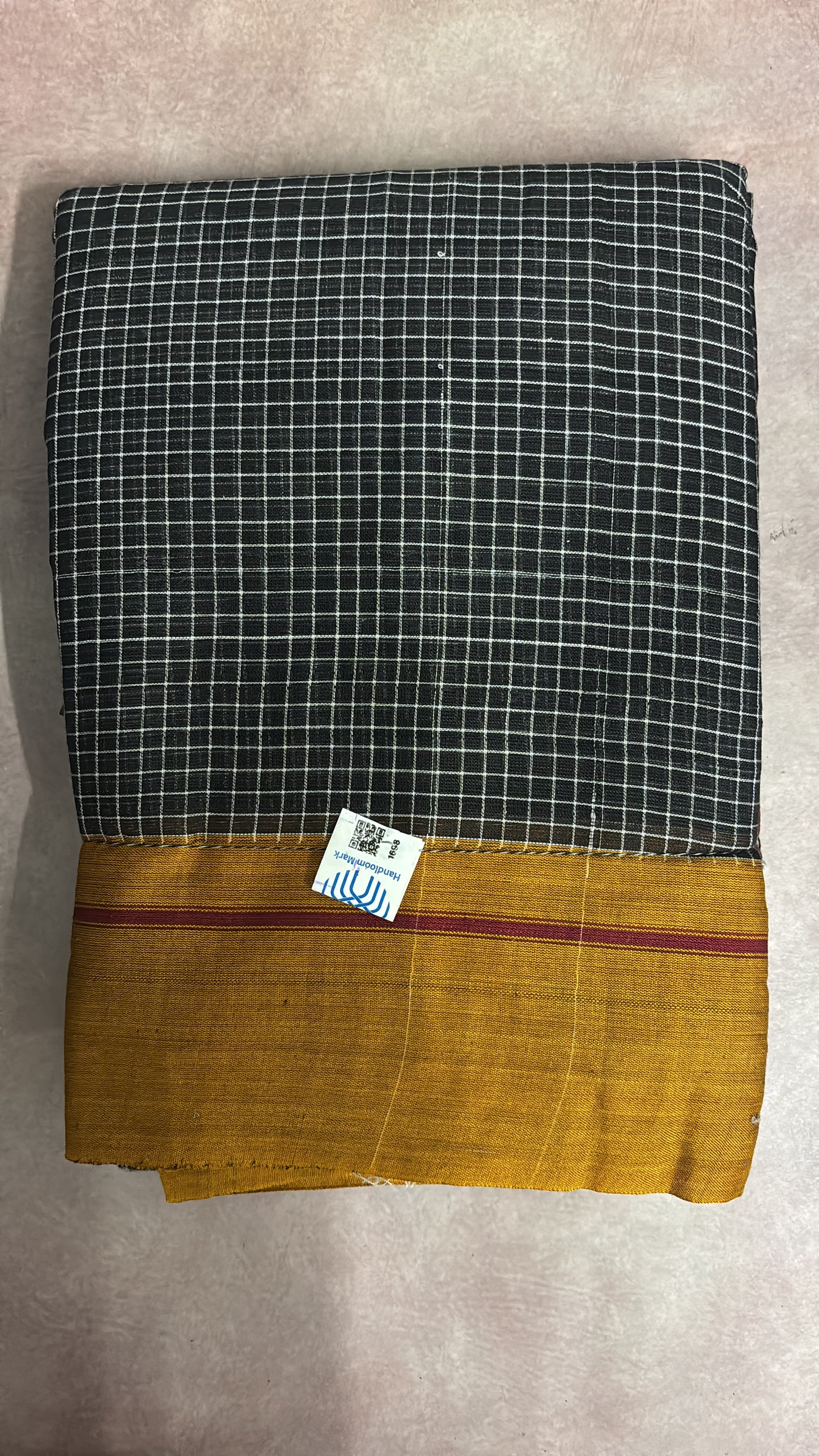 Patteda Aanchu handloom marked Sarees Black checks with orange and maroon border