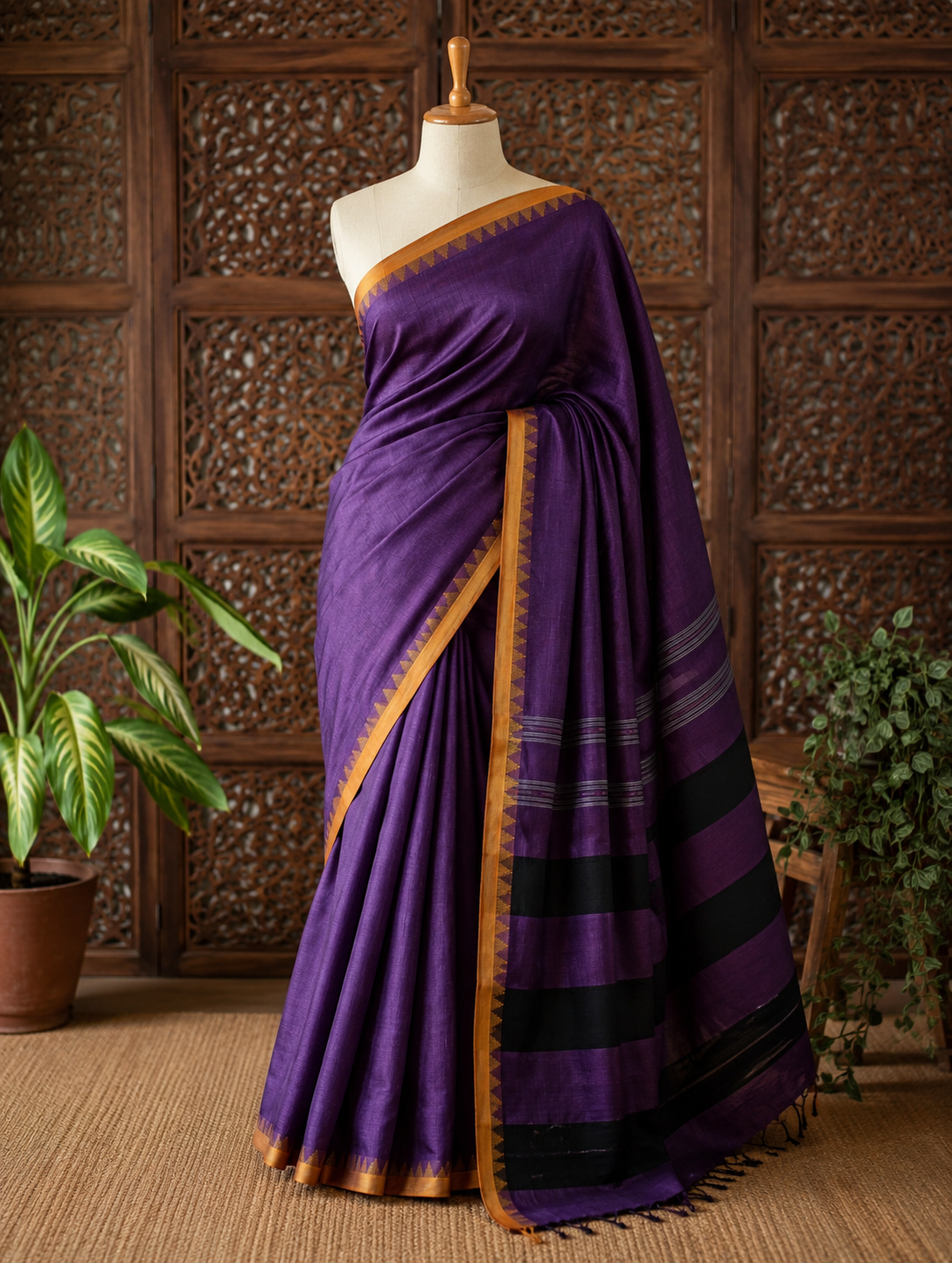 Dhaniakali certified handloom Cotton Saree violet and yellow