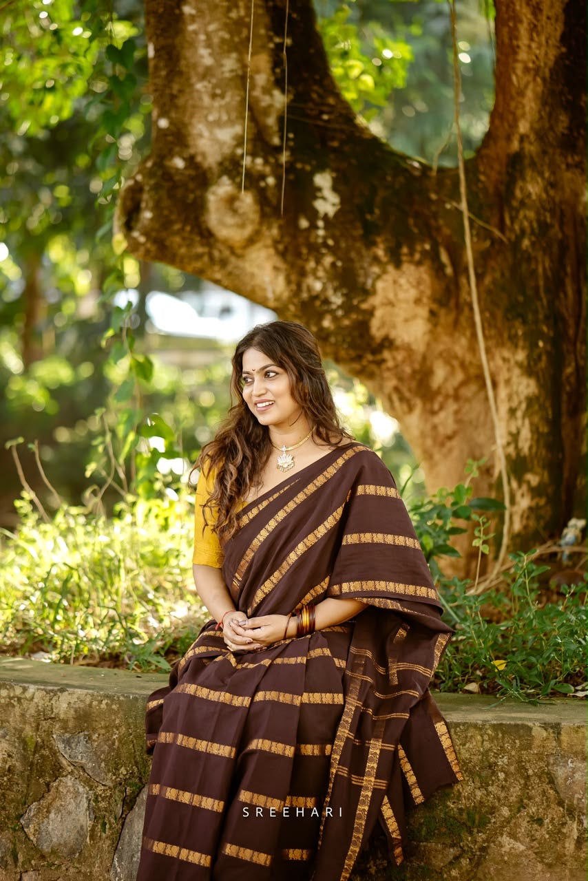 Mayil Velthari Sungudi brown saree with mustard blouse