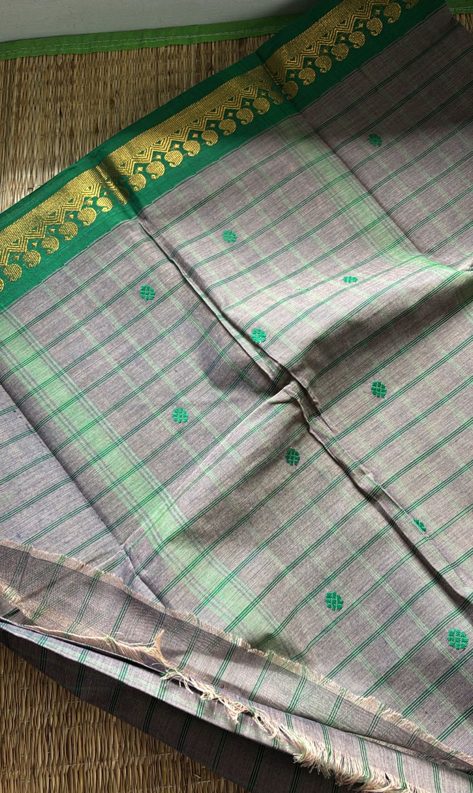 Sangita vintage grey green check cotton saree without blouse piece