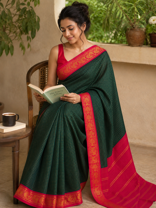 Festive green red combo handloom zari kattam Sungudi cotton Saree with blouse