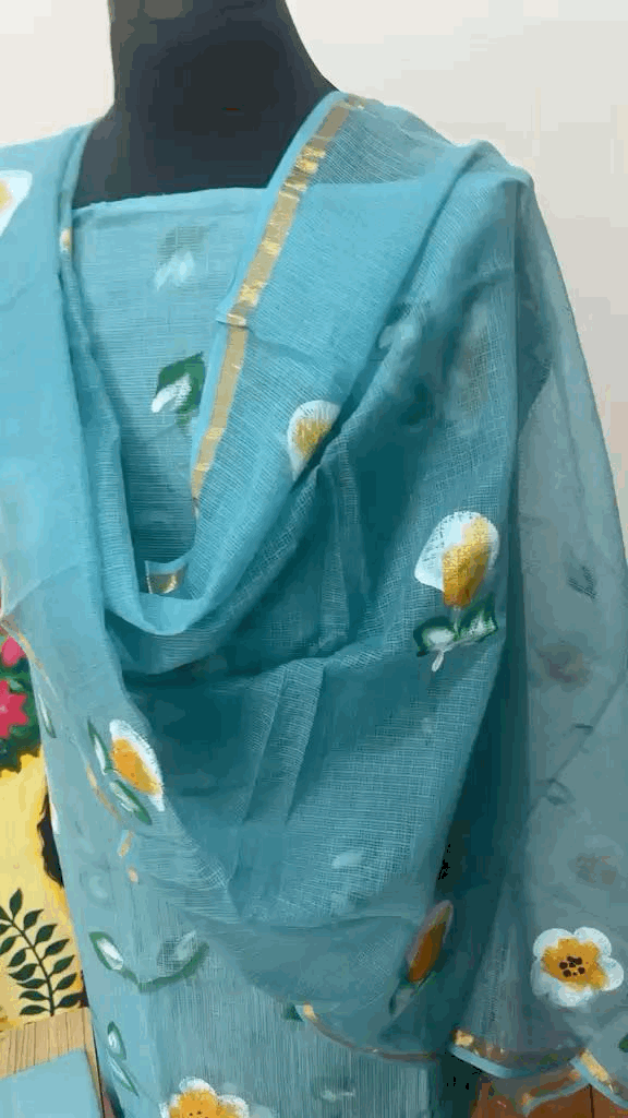 Hand painted floral Kota Doria Suit Set Unstitched