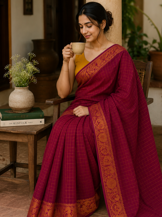 Handloom Sungudi Cotton Zari kattam peacock border Maroon Saree with mustard blouse