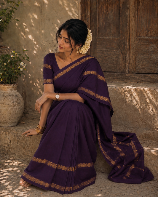 Rudraksha retta petta border brown sungudi handloom cotton saree with blouse