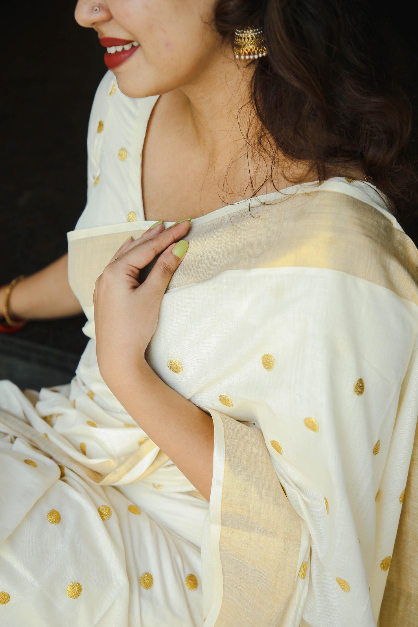 Vishu special polka dot embroidered Kerala cotton Saree e