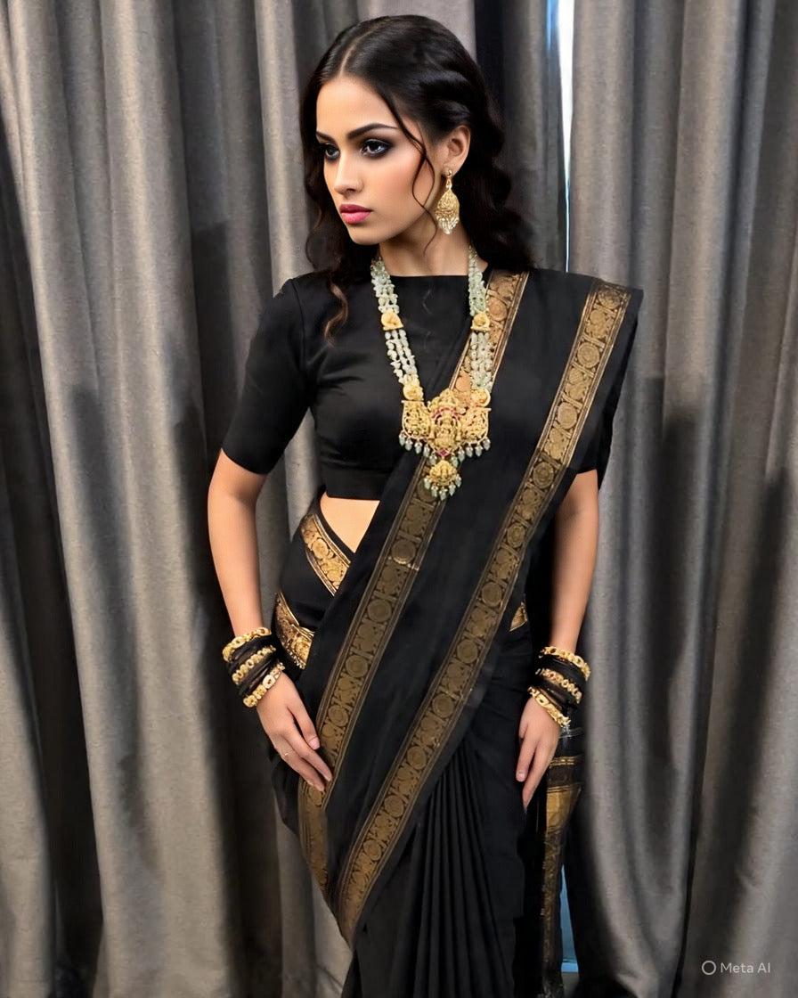 Chettinad Black with gold zari Vintage Cotton Saree