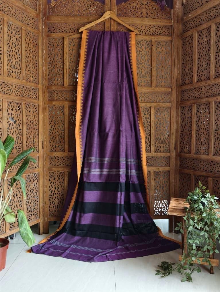 Dhaniakali certified handloom Cotton Saree violet and yellow