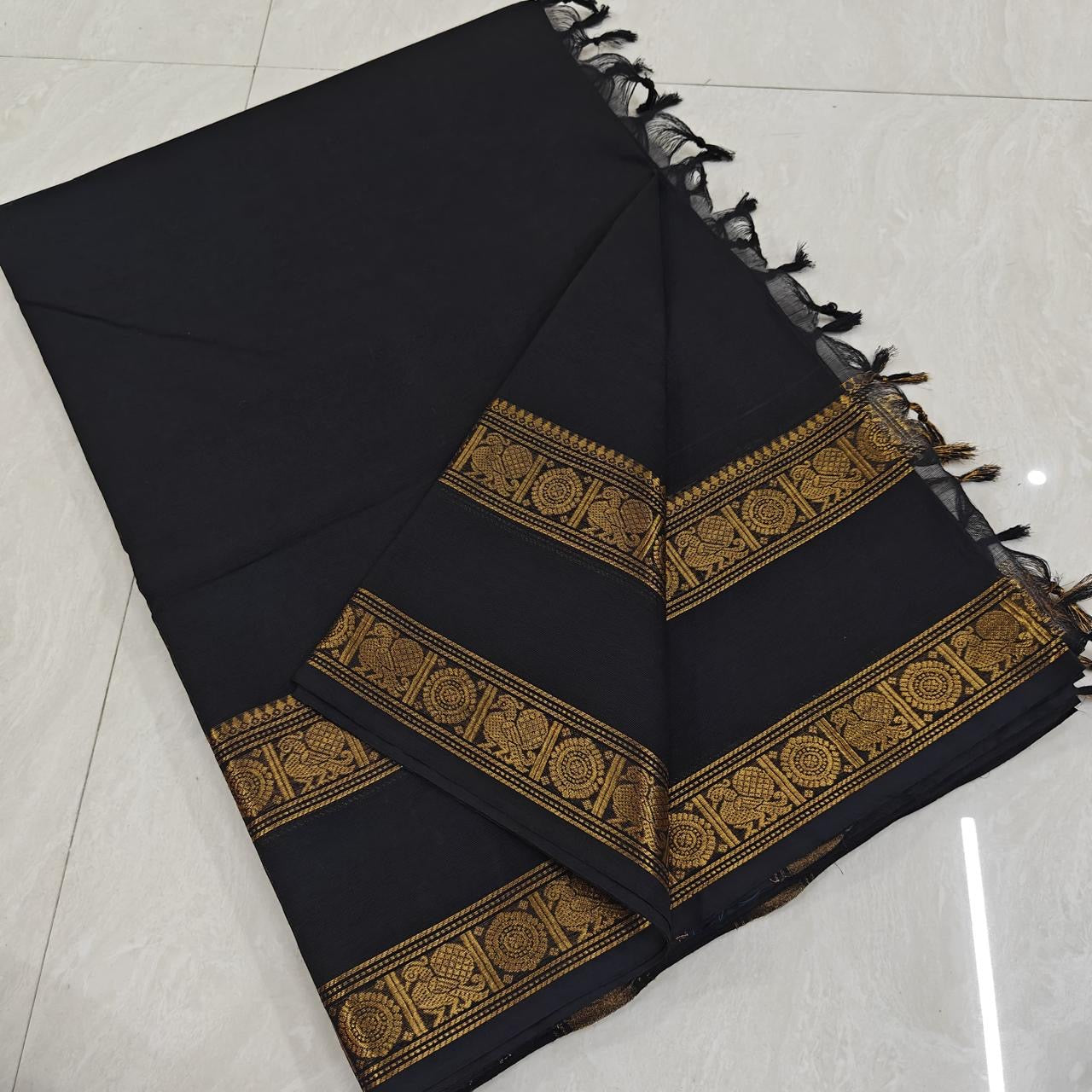 Chettinad Black with gold zari Vintage Cotton Saree