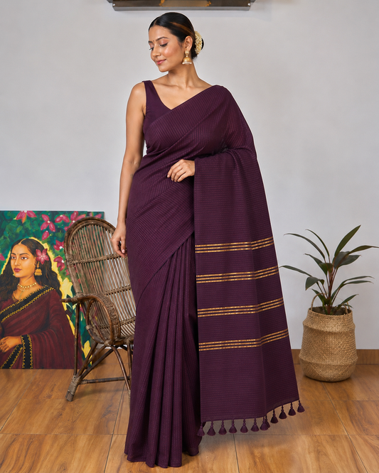 Striped Vintage wine Shade Chettinad Cotton Saree